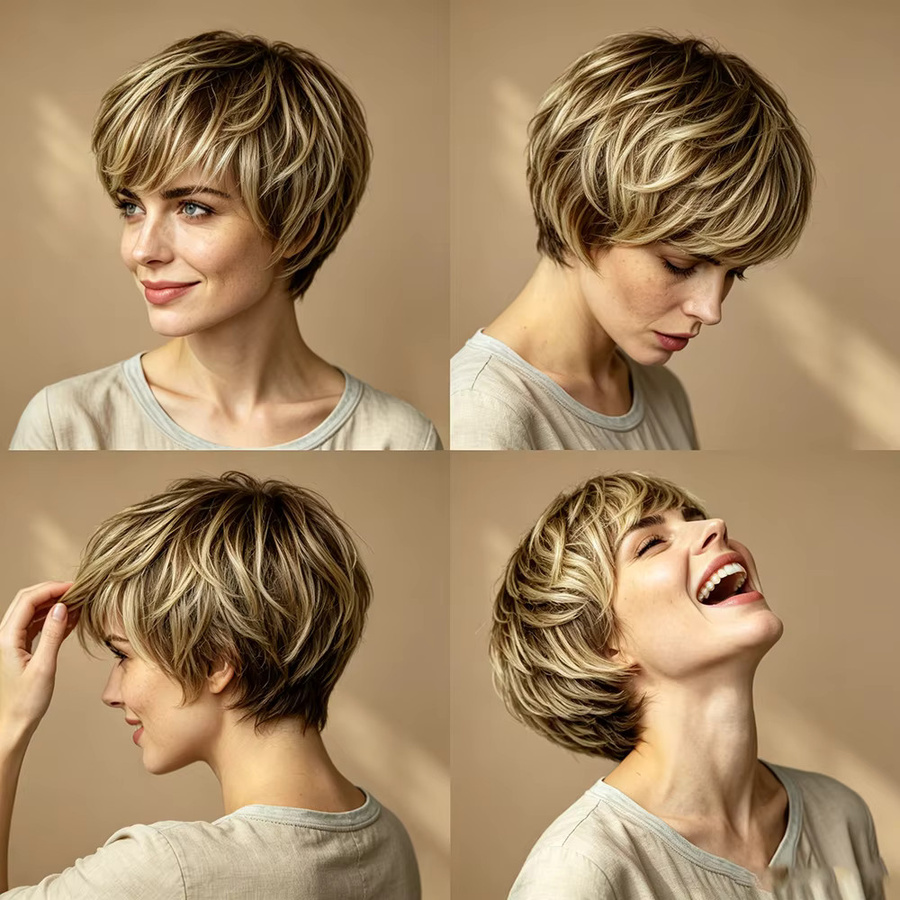 OYM HAIR Damen Kurzhaar Echthaarperücke, Pixie Cut, 100 % Echthaar - Bild 4