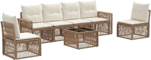 vidaXL Gartensofa-Set 7-teilig aus Poly-Rattan in Beige und Cremeweiß mit Tisch und Polstern - Bild 1