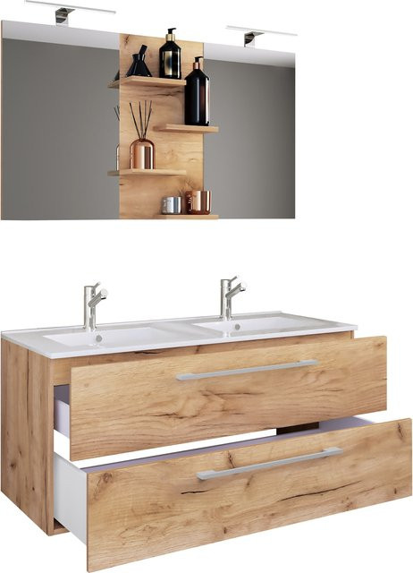 VCM Badmöbel Set Budasi SP 3-teilig mit Doppelwaschbecken aus Keramik, Unterschrank und Spiegel - Bild 1