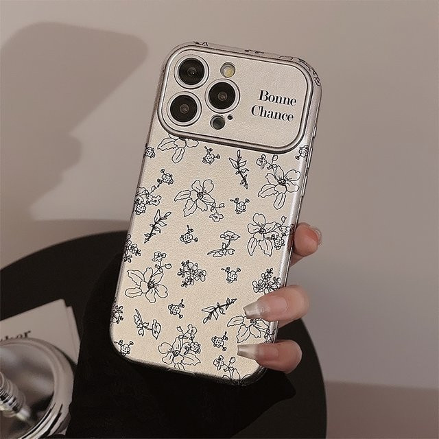 MUQGEW Handyhülle mit koreanischem Retro-Blumenmuster und silbernem Rand in Lederstruktur für iPhone 11 bis iPhone 17 Pro Max Plus, stoßfeste Abdeckung, Silber - Bild 1