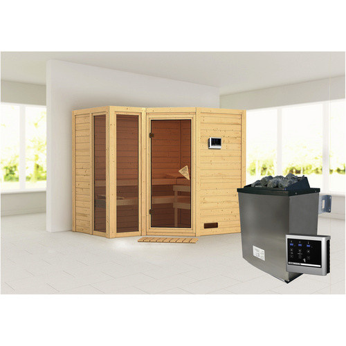 Karibu Sauna Kunda aus Fichtenholz in Beige inklusive 9 kW Saunaofen mit externer Steuerung für 4 Personen, B/T/H: 236 x 184 x 209 cm - Bild 2