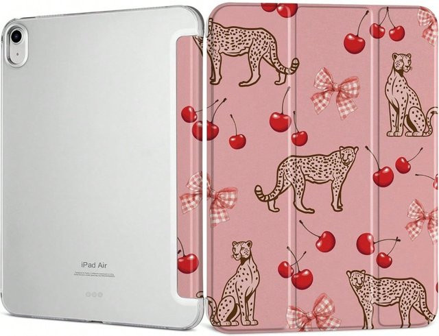 DecoPhone Tablet-Hülle mit Kirsch- und Leopardenmuster für iPad Pro 10/11 Zoll, iPad Air 3/4/5 und iPad 6./7./8./9. Generation, dreifach gefaltet, multicolor - Bild 1