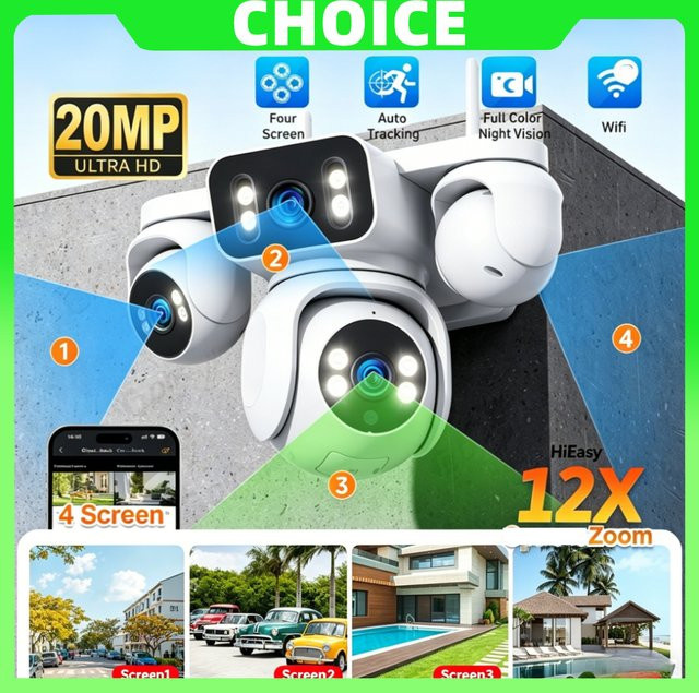 DiFang Quad-Screen PTZ WLAN-Sicherheitskamera mit 20MP, 12-fach Zoom und KI-Tracking in Weiß - Bild 1