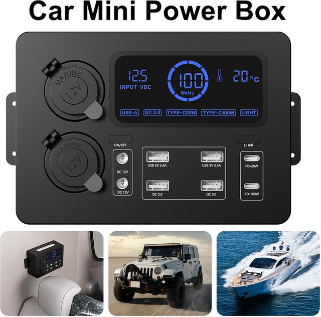 Auto Mini Power Box Adapter 12V mit LCD-Display und LED-Leuchten, 100W, Schwarz - Bild 1