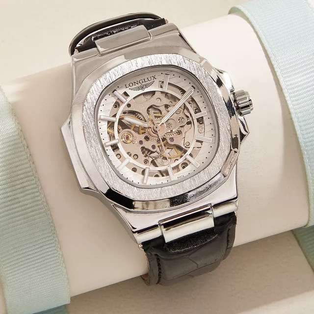LONGLUX Automatik-Armbanduhr, Edelstahl, Leder, Schwarz, Herren - Bild 1