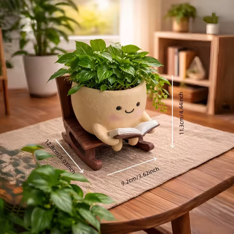 Niedlicher Lächelnder Lesender Harz-Blumentopf in Beige und Braun als 3-in-1 Sukkulenten-Pflanzgefäß und Stifthalter mit Drainageloch - Bild 2