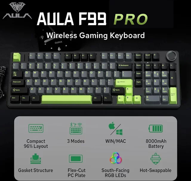 AULA F99PRO Mechanische Gaming-Tastatur mit 99 Tasten, kabellos in Schwarz und Blau, drei Modi, Hot-Swap und Medienknopf - Bild 1