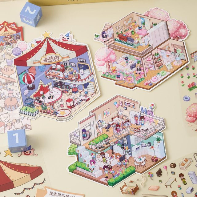 3-Blatt Kawaii Cartoon 3D-Szenen-Aufkleber-Set in Multicolour für Scrapbooking und DIY-Collagen - Bild 1