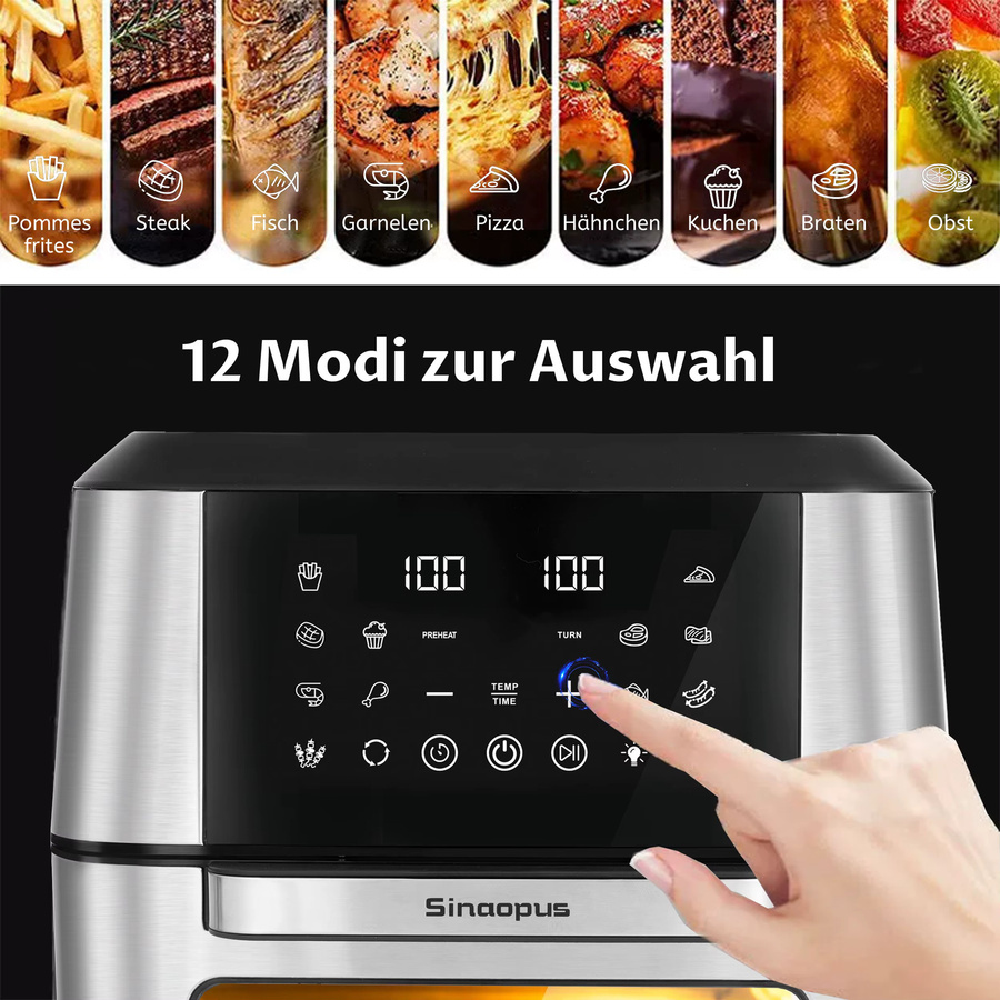 Sinaopus Heißluftfritteuse Küchenmaschine mit LED-Touch-Steuerung und Sichtfenster, 12 l, Edelstahl - Bild 3