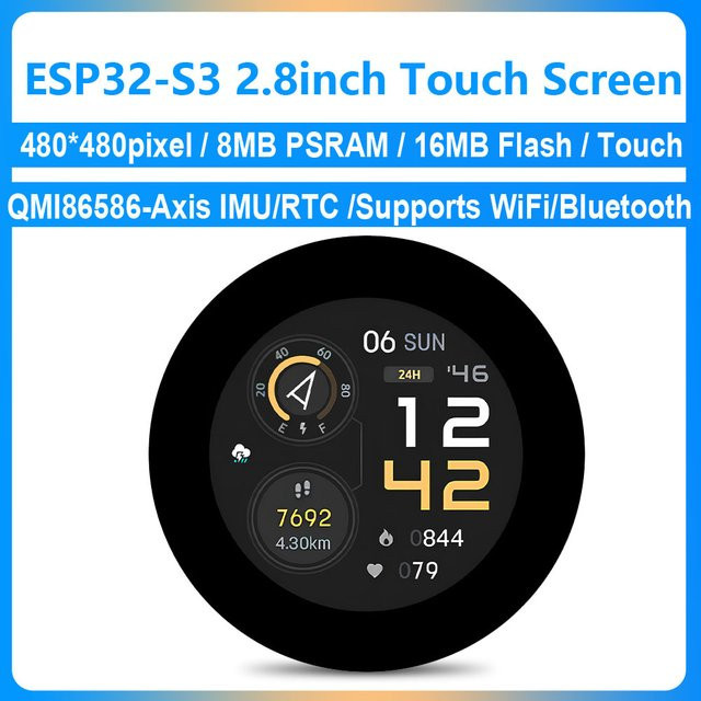 Waveshare 2,8 Zoll Runddisplay ESP32 S3 Entwicklungsboard mit 480x480 Auflösung, WiFi, Bluetooth, 8MB PSRAM, 16MB Flash und 6-Achsen-IMU in Schwarz - Bild 1