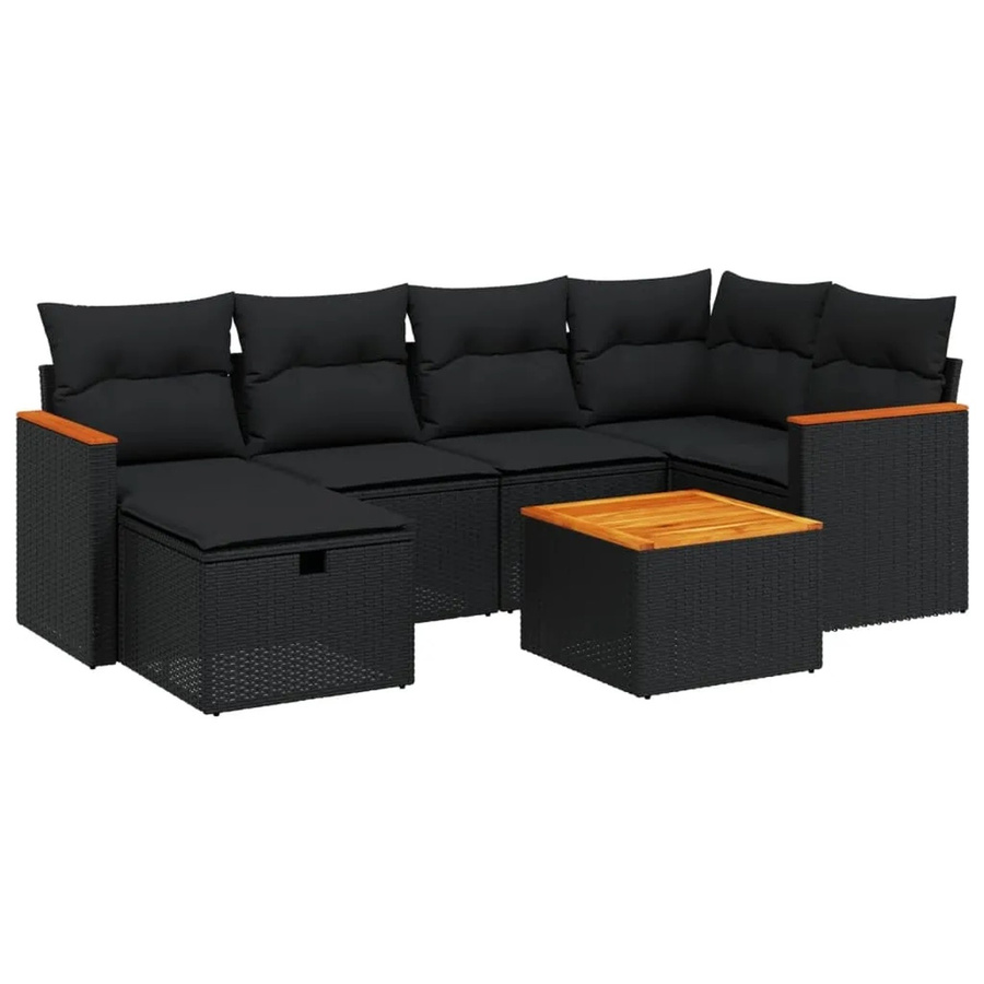 vidaXL 7-tlg Garten-Sofagarnitur aus Poly-Rattan und Akazienholz in Schwarz mit Kissen Modell 184 - Bild 2