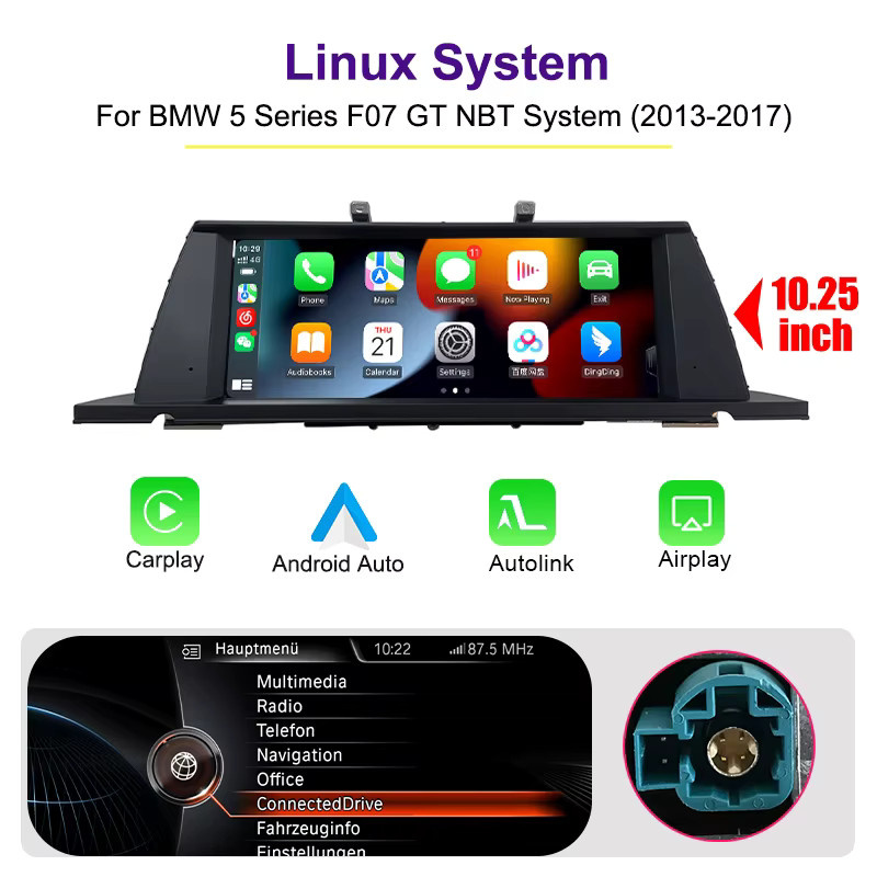 AUTOTOP Carplay Multimedia-System mit 10,25 Zoll Linux-Touchscreen für BMW 5er F07 CIC/NBT 2010-2017 inklusive Android Auto, Bluetooth und Airplay in Schwarz - Bild 8