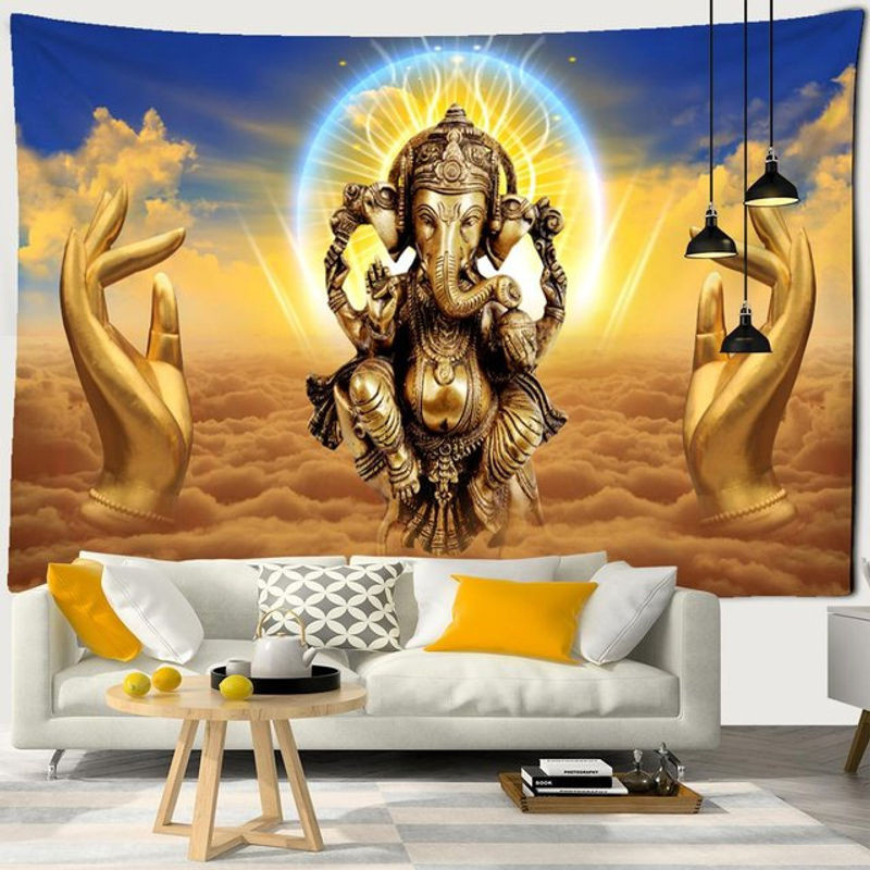 Super Six Wandteppich Elefant und Bergamotte in Gold, Bohemian Wandbehang mit Tier- und Floral-Motiv, B: 230 cm, H: 150 cm - Bild 1