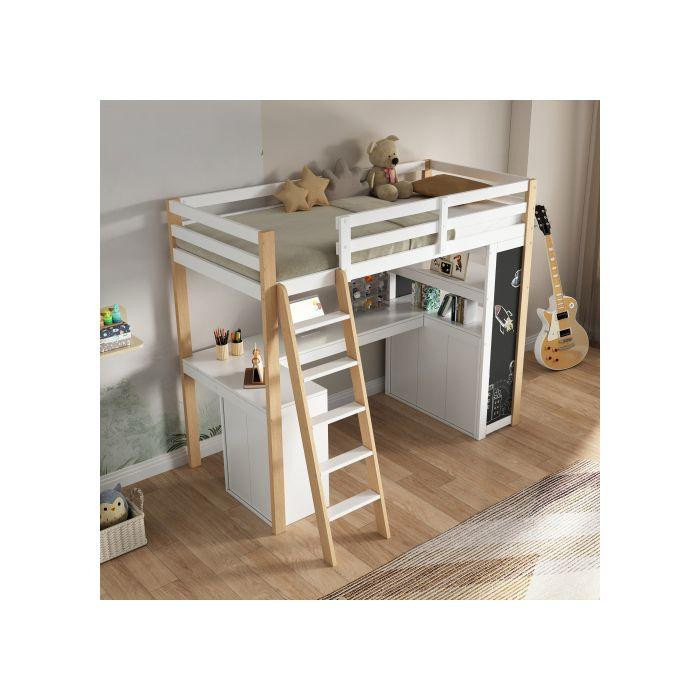 MUVOE Multifunktionsbett für Kinder mit Schreibtisch, Tafel, Leiter und Aufbewahrungsregal, Weiß und Naturholz-Finish, B/T/H: 90 x 200 cm - Bild 2