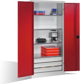 C+P Schwerlastschrank mit Drehtüren, 4 Böden und 3 Schubladen, Front Rubinrot, Korpus Lichtgrau, H x B x T: 195 x 93 x 50 cm - Bild 1