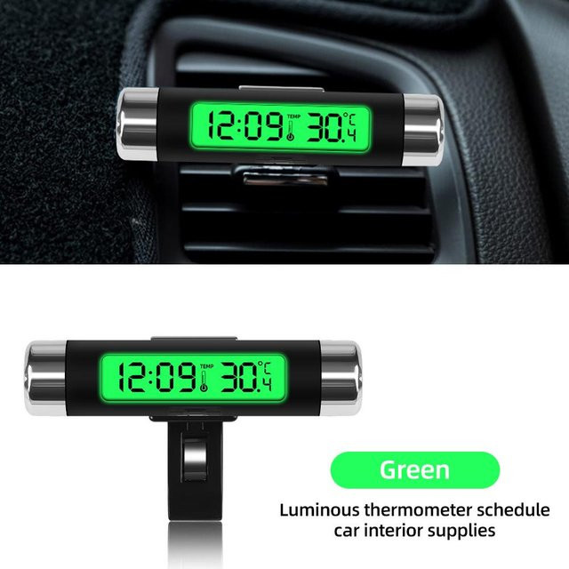 YJMP Auto Parts 2-in-1 Autouhr mit Thermometer und LCD-Digital-Display, leuchtende Uhr für den Lüftungsschlitz, Farbe: Grün/Blau - Bild 1