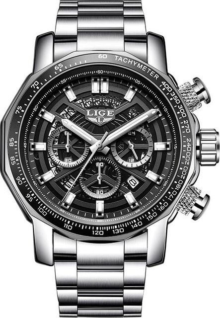 LIGE Armbanduhr Chronograph, Quarz, Edelstahl, schwarz/silber, Herren - Bild 1