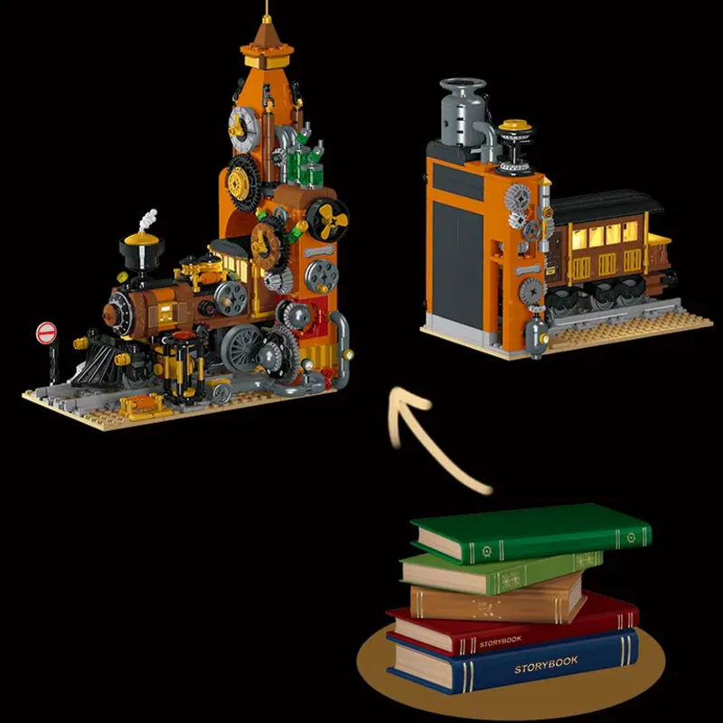 Steampunk Zug Buchstütze Modell mit Licht aus 1252 Bausteinen, pädagogisches MOC Spielzeug für Kinder in Orange - Bild 2