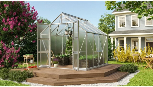 Vitavia Gewächshaus Olymp 6700 HKP mit Alu-Vorzugsset in Silber mit Polycarbonat-Verglasung, Doppelflügeltüren und Satteldach - Bild 1