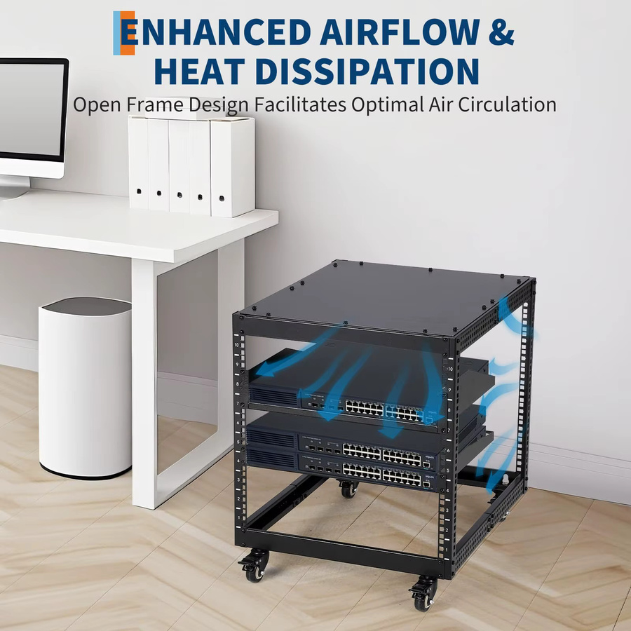 HiMISS 10U Open-Frame-Serverrack in Schwarz, tiefenverstellbar, für 23 Zoll bis 40 Zoll, freistehend oder zur Wandmontage mit 4 feststellbaren Rollen, 2er-Set - Bild 4
