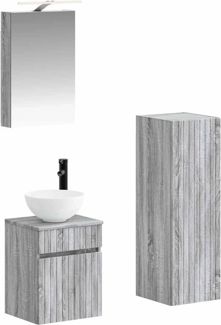 vidaXL Badezimmermöbel-Set 4-teilig in Grau, modern gestaltet aus Ingenieurholz und Glas mit Spiegelschrank, Wandschrank und Waschtischunterschrank inklusive LED-Beleuchtung - Bild 1