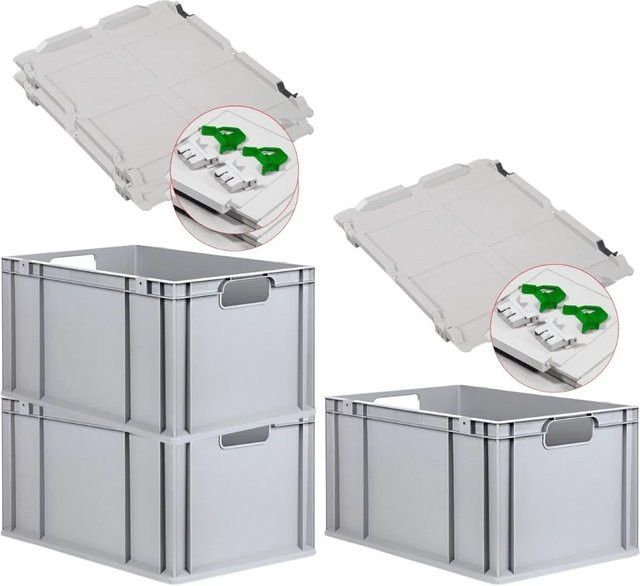 PROREGAL Spar Set 3x Eurobox Nextgen Economy mit Scharnierdeckel und grünen Schiebeschnappverschlüssen, H: 32 cm, B: 40 cm, T: 60 cm - Bild 1