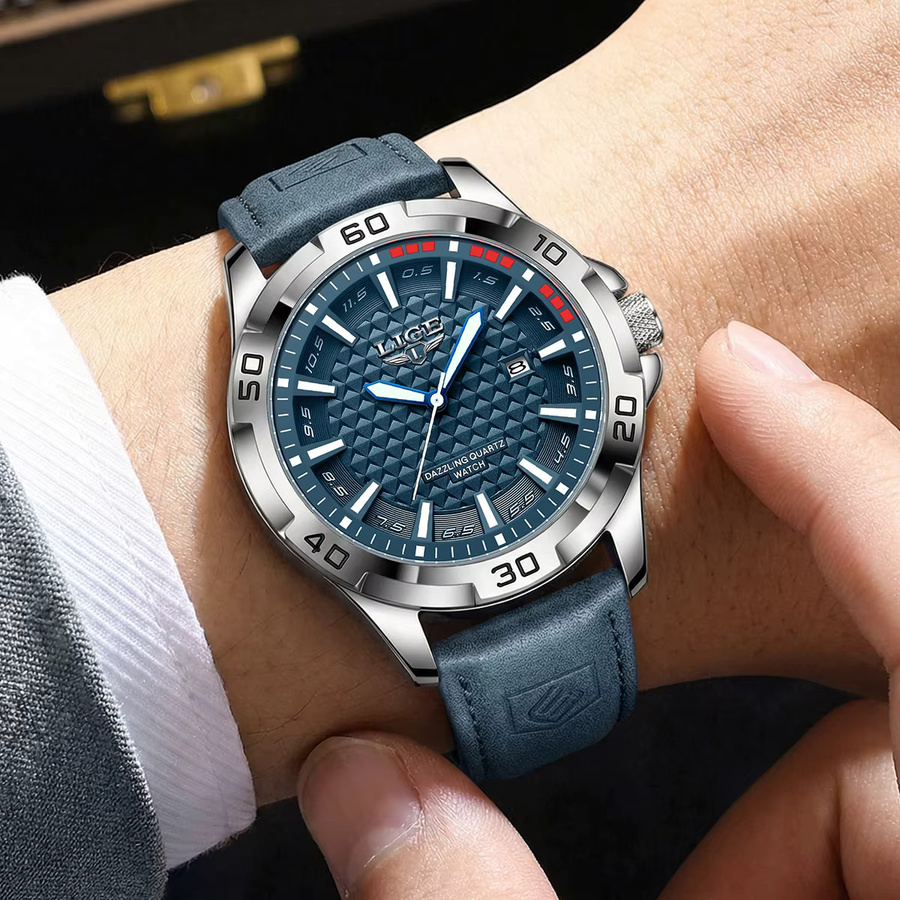 LIGE Armbanduhr Quarz, Leder, Blau, Herren - Bild 6