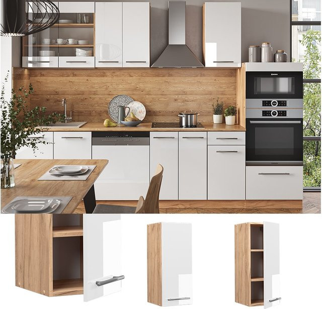 Vicco Hängeschrank Fame-Line Küchenschrank in Weiß Hochglanz und Eiche mit Softclose-Scharnieren und Einlegeboden, Breite: 30 cm - Bild 1
