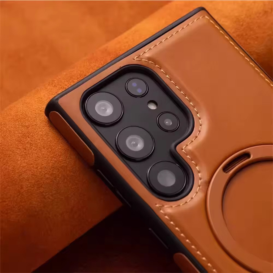 Luxus Magnetring Handyhülle aus PU-Leder für Samsung Galaxy S25 S24 S23 Ultra Plus in Braun mit kabellosem Laden und stoßfestem Schutz - Bild 1
