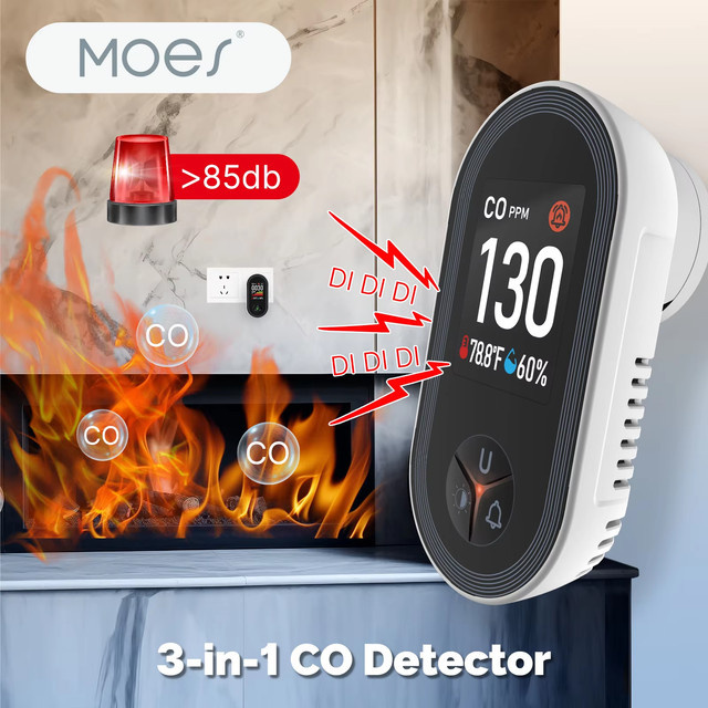 MOES 3-in-1 Kohlenmonoxid-Detektor mit Display, Temperatur- und Feuchtigkeitssensor sowie akustischem Warnsignal - Bild 1