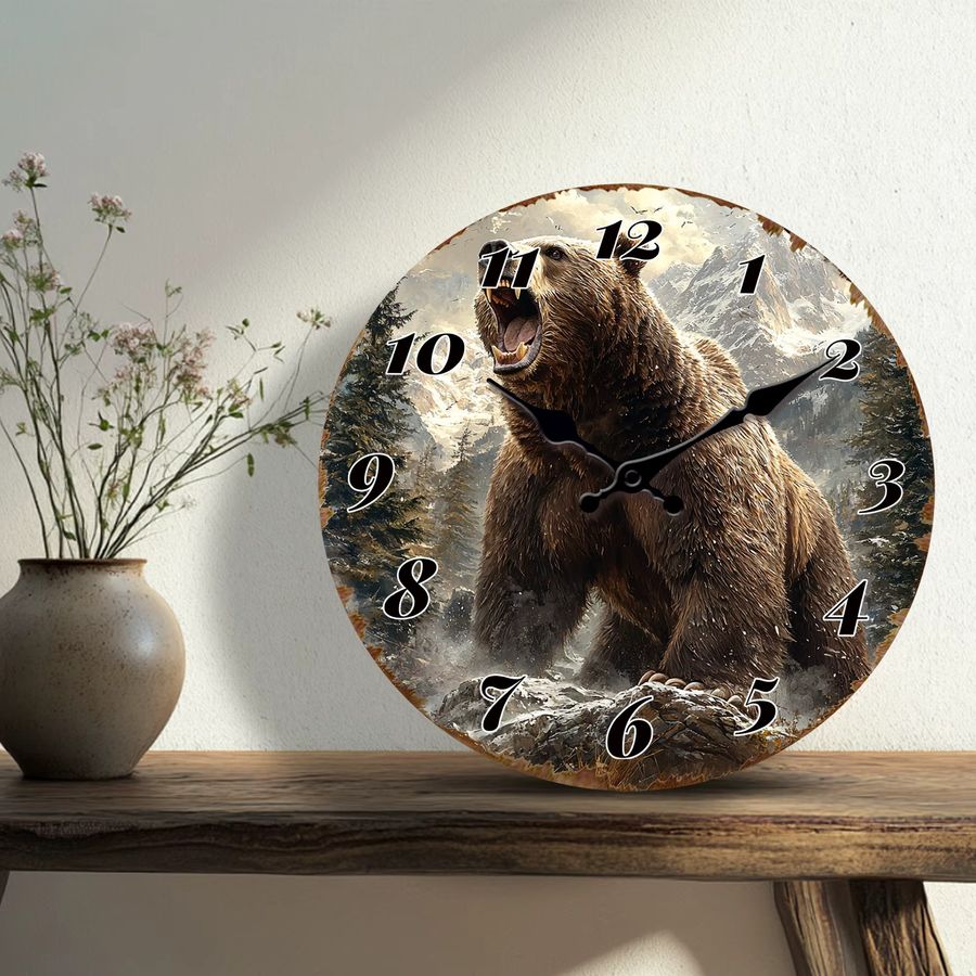 Wild Bear Wanduhr Snow Mountain Naturkunstdekor als stille runde Quarzuhr - Bild 6