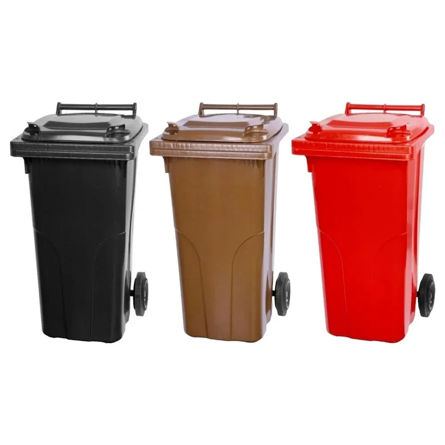 PROREGAL SuperSparSet 3er-Pack Mülltonnen mit 2 Rädern aus HDPE-Kunststoff, 120 Liter, Farben: Grau, Schwarz, Braun und Rot - Bild 2