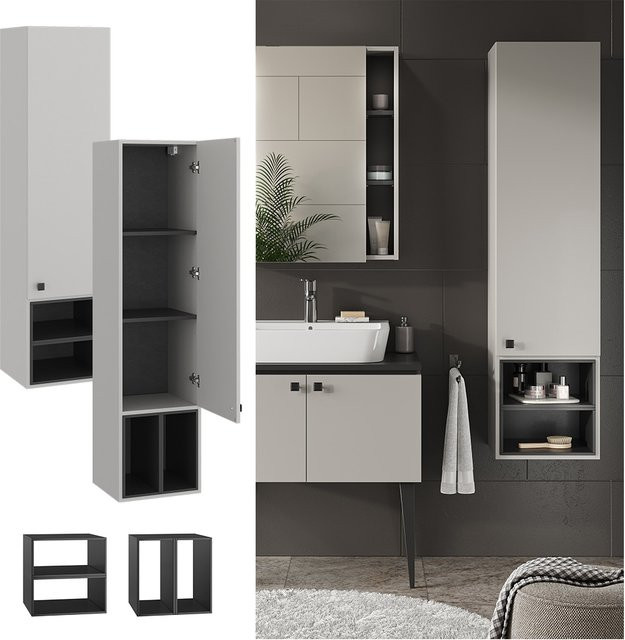 Vicco Hängeschrank Gerta Badschrank Grau-Schwarz mit Tür und offenen Fächern, B: 37,5 cm, H: 150 cm - Bild 1