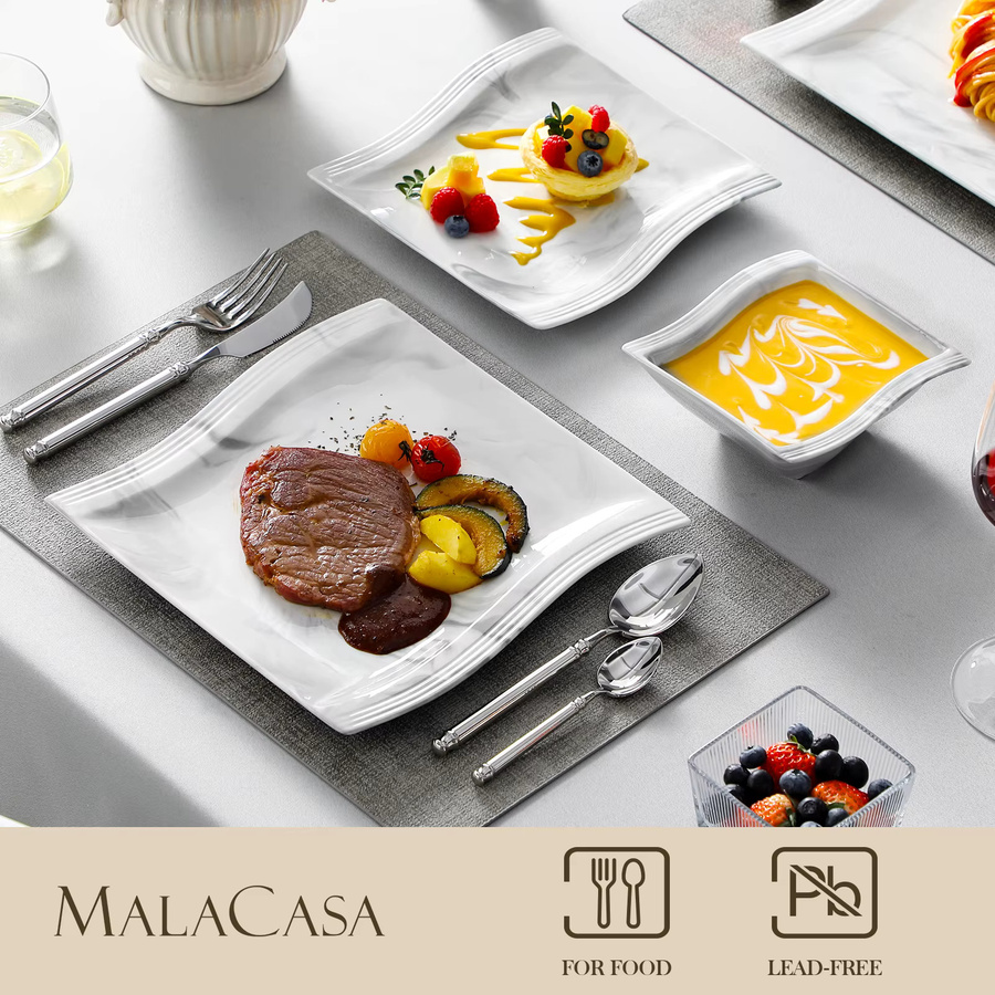 MALACASA Porzellan-Geschirrset aus Keramik in Weiß und Marmor, 12-teiliges Dinner-Service mit Speisetellern und Schalen - Bild 2