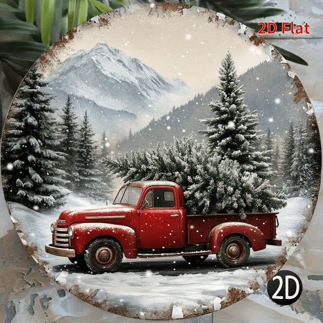 Potdemiel Vintage-Wandschild aus Aluminium mit rotem LKW und Weihnachtsbaum in Rot, rustikale 2D-Flachmetalldekoration für Weihnachten - Bild 1