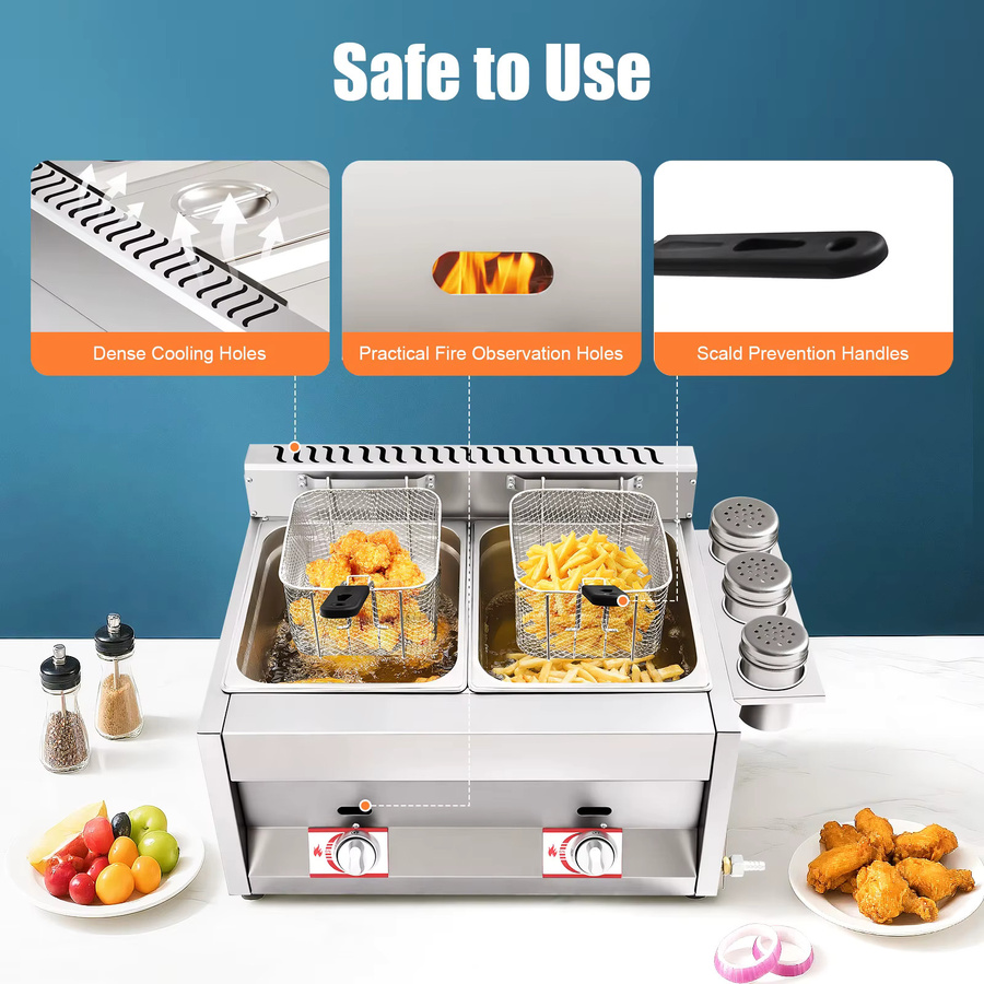 Bymaocar Kommerzielle Gasfritteuse aus Edelstahl mit zwei Tanks, Farbe: Silber/Grau, 2 x 6 l Fassungsvermögen, Temperaturregelung 50–380 °C - Bild 3