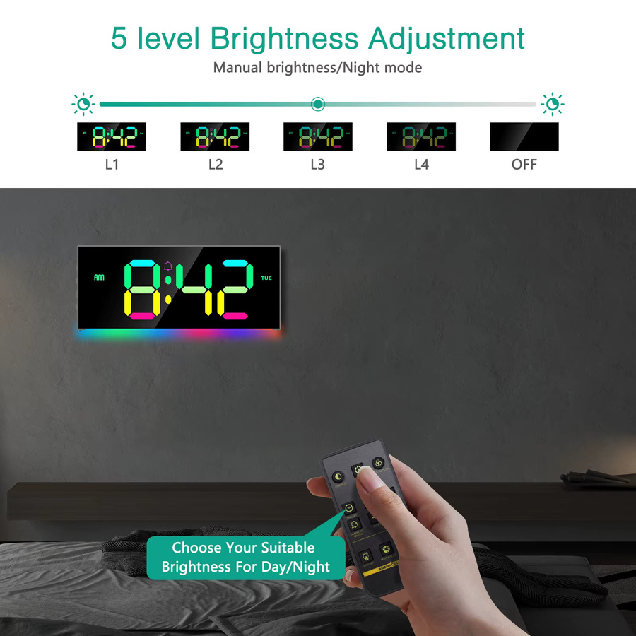 ORIA Digitale RGB Wanduhr mit großem Display und Fernbedienung, Multicolor, Breite: 30,5 cm - Bild 4