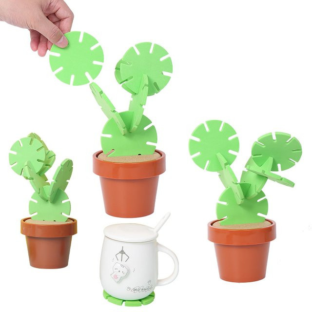 6-teiliges Untersetzer-Set von buyyes mit kaktusförmigem Design aus Kork in Grün, rund für deinen Couchtisch - Bild 1
