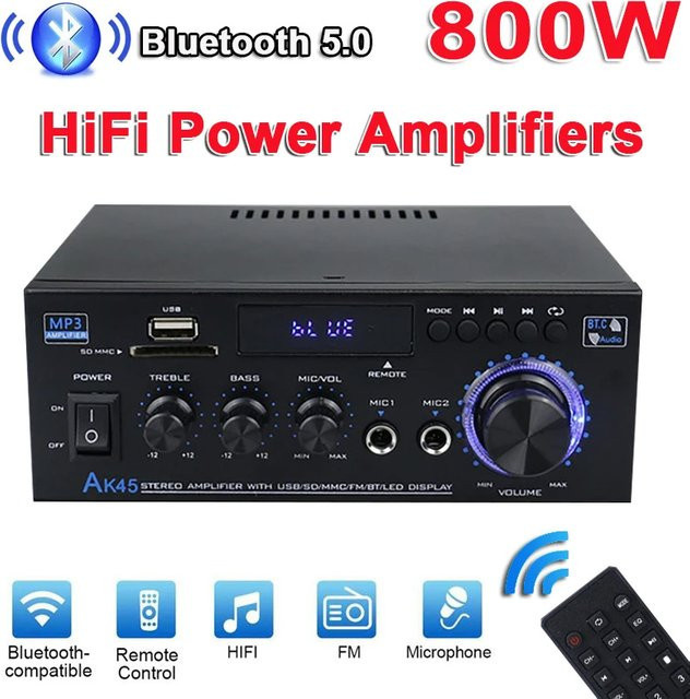 Luxuglow Ak45 Digitaler Hifi-Verstärker mit 800W, Bluetooth, FM-Radio und USB-Anschluss in Schwarz - Bild 1