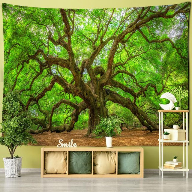 Wandteppich Super Six mit Wald- und Naturmotiv im Boho-Stil, Farbe: Grün, B/H: 150 x 150 cm - Bild 1