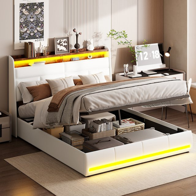 ROSAHQNDA Modernes Doppelbett mit LED-Lichtleiste, USB-Ladeports und hydraulischem Stauraum in Weiß, B/T: 140 x 200 cm - Bild 1