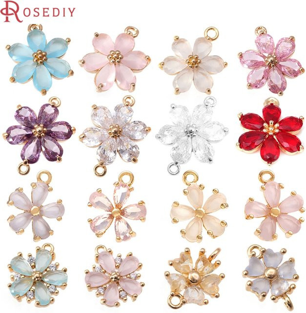 Rosediy Charms Anhänger, Messing, Gold, Zirkonia, Blume - Bild 1