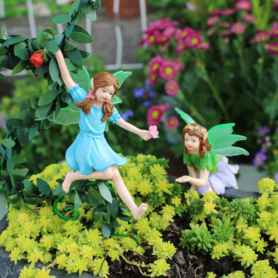 Blumenfee-Statue aus Kunstharz als bunte Blumentopf-Dekoration für den Garten und Außenbereich - Bild 3