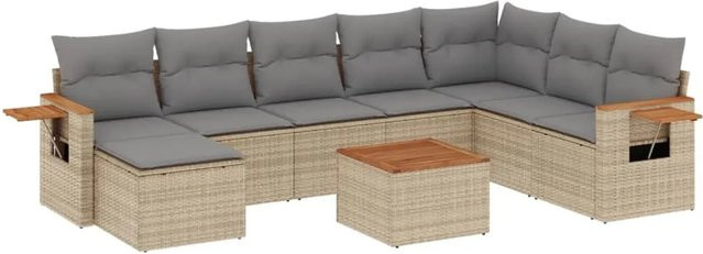 vidaXL 9-tlg. Garten-Sofagarnitur in L-Form aus Poly-Rattan und Akazienholz mit Kissen in Beige - Bild 1