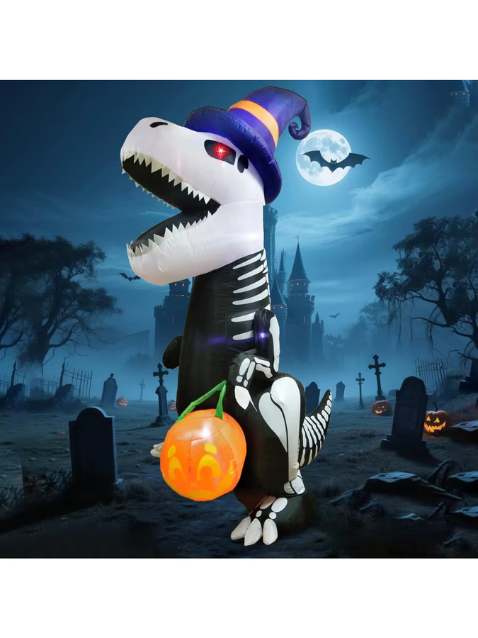 Sloosh Aufblasbares Skelett-Dinosaurier-Modell mit Kürbis für die Halloween-Außendekoration, Höhe: 243,84 cm - Bild 5