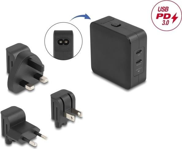 Delock Netzteil mit 65 Watt und USB-C Anschlüssen in Schwarz - Bild 1