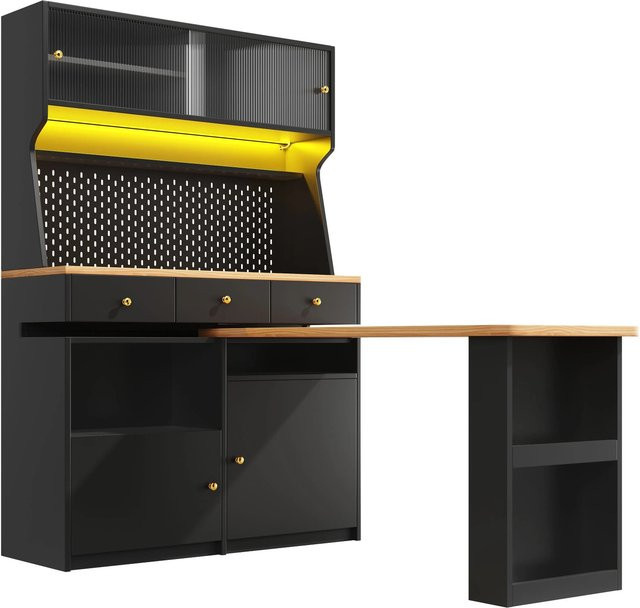 Merax Hochschrank Schwarz mit Glasfront, LED-Beleuchtung und drehbarem Tisch, B/T/H: 74 x 74 x 177,7 cm - Bild 1