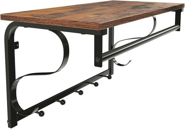 Vasagle Wandgarderobe im industriellen Stil mit 5 Haken und Regal, Braun-Schwarz, B: 60,0 cm, H: 30,0 cm, T: 31,7 cm - Bild 1