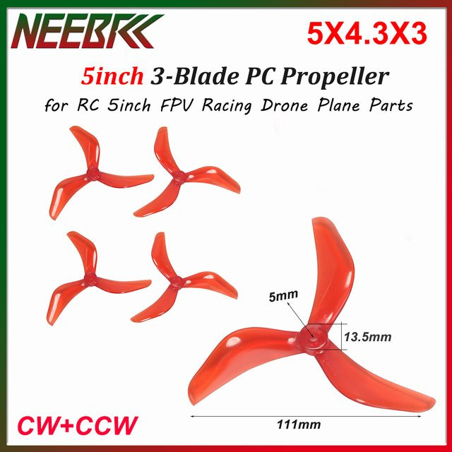 NEEBRC 5043 CW&CCW 3-Blatt PC Propeller in Rot für 5 Zoll FPV Racing Drohnen und Flugzeuge, 4 Stück - Bild 1