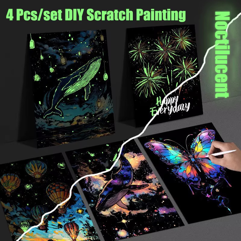 DIY Kratzbilder Leuchtende Tiere Schmetterling Wal Landschaft, 4-teiliges Set - Bild 2